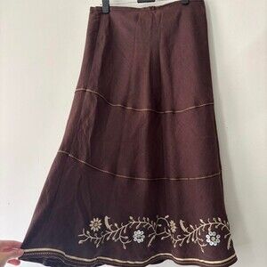 Y2K Cottagecore Embroidered Chocolate Brown Boho Fairycore Maxi Linen Skirt -S-M